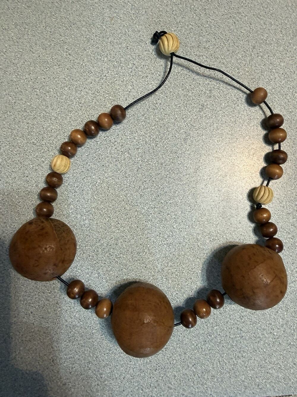 Vtg 90s Caribbean Wood Bead Statement Necklace Boho Island Artisan Adjustable